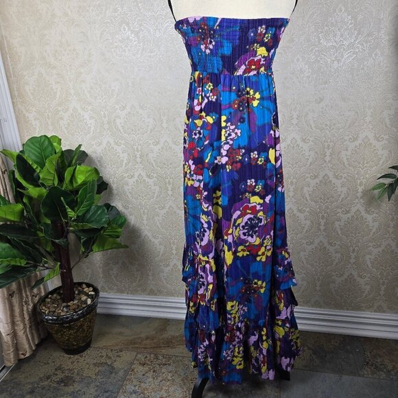 Next Size 6 Multi Color Floral Print Strapless Maxi Dress Smocked Bust with Tie - Picture 7 of 14